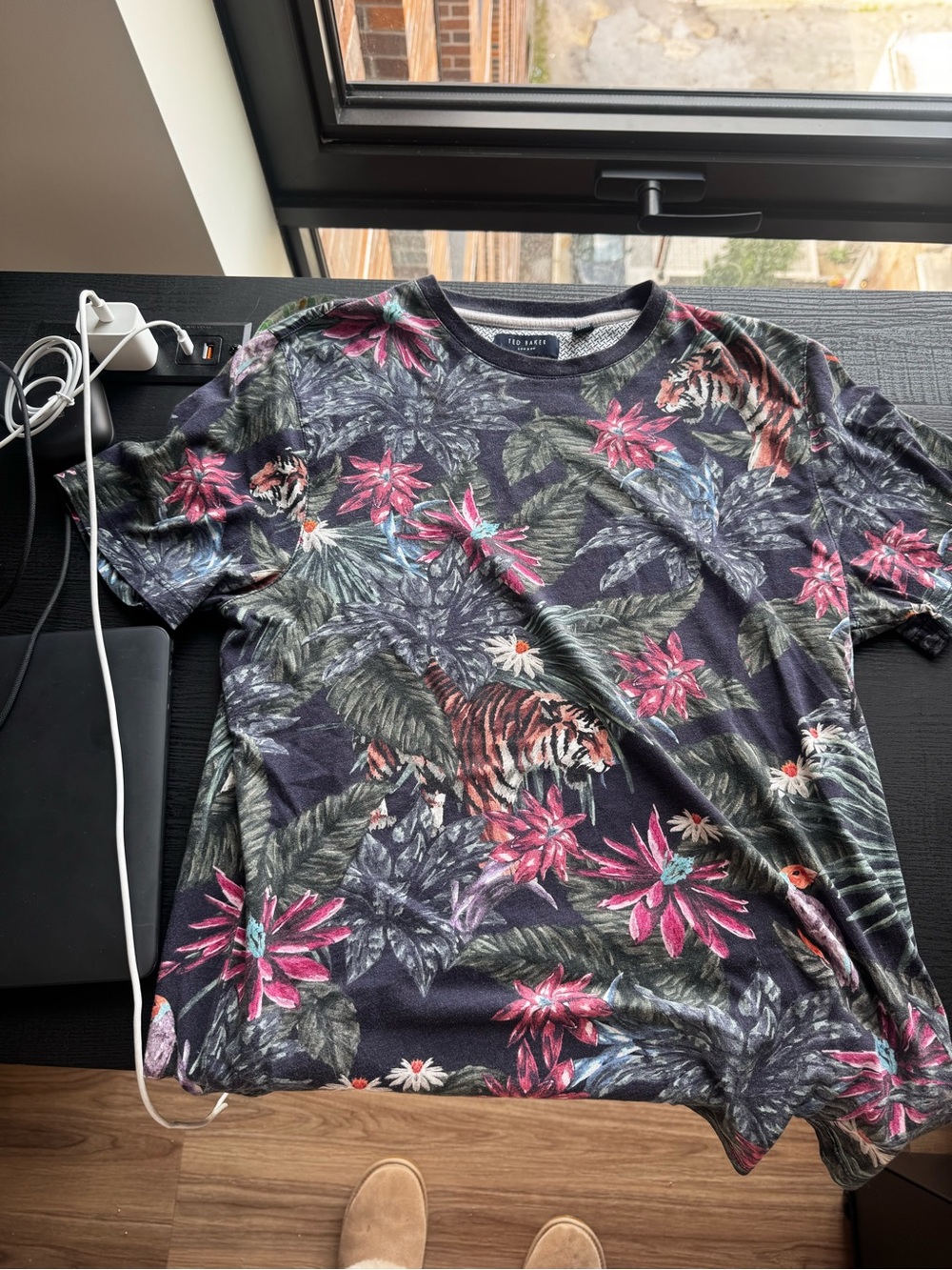 Ted Baker Black Tropical Floral & Tiger Print Short Sleeve Tee